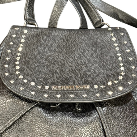 NWOT Michael Kors Riley Studded Black Pebbled Leather Drawstring Backpack Bag - Picture 3 of 13
